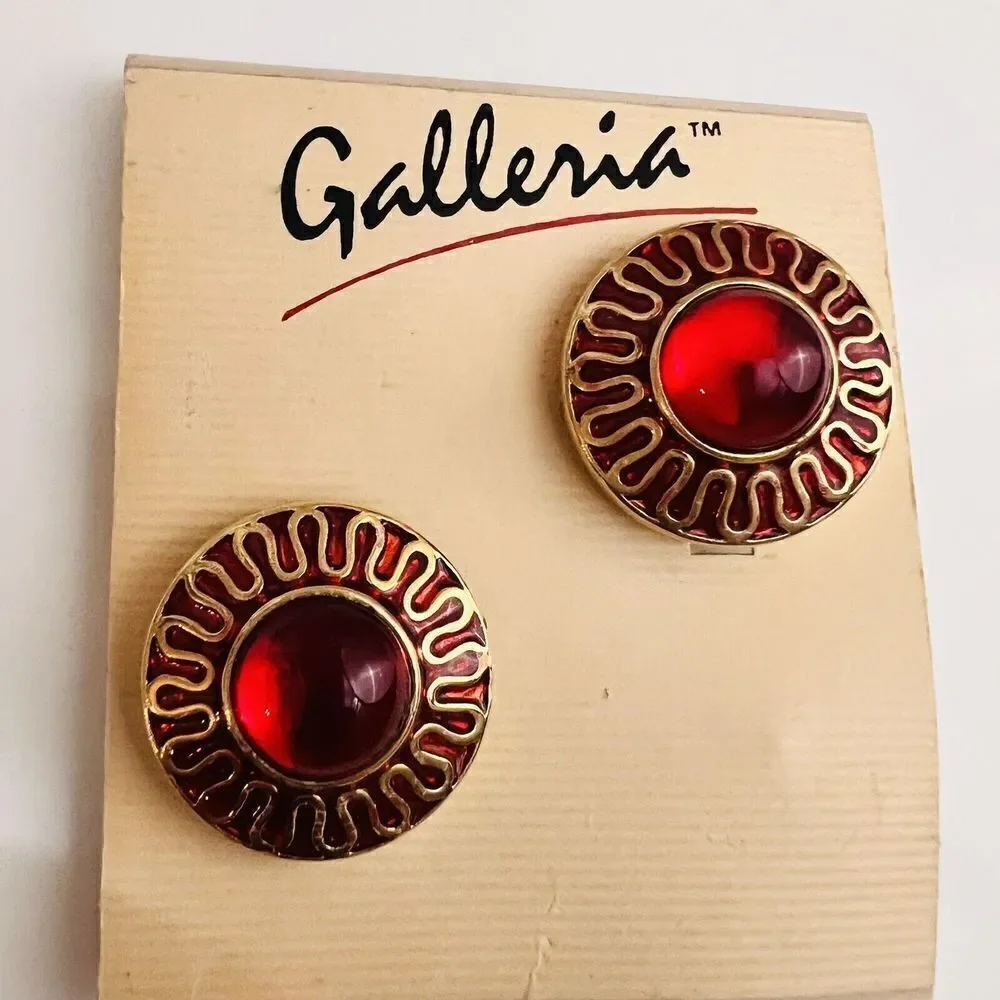 Vintage Galleria Gripoix Earrings Clip On Red Glass Enamel Gold Tone Round 4619